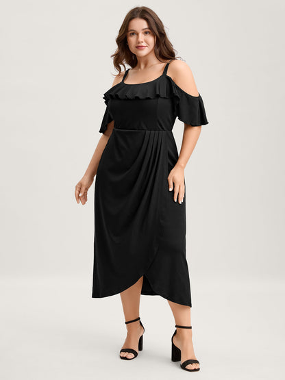 Pleated Ruffled Off-Shoulder Midi Dress