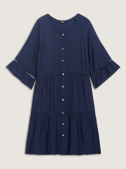 Button Front Lace Trim Pockets Midi Dress