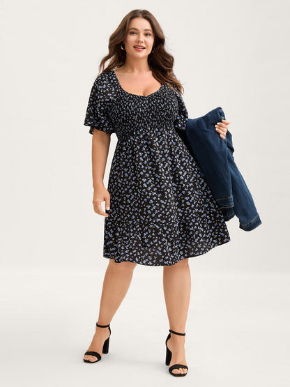 Ditsy Floral Shirred Bodice Midi Dress