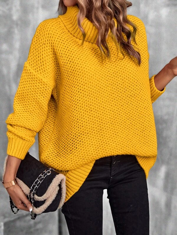 Turtleneck Drop Shoulder Pointelle Knit Sweater