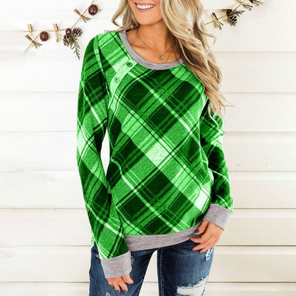 Round Collar Button Plaid Long Sleeve T-shirt