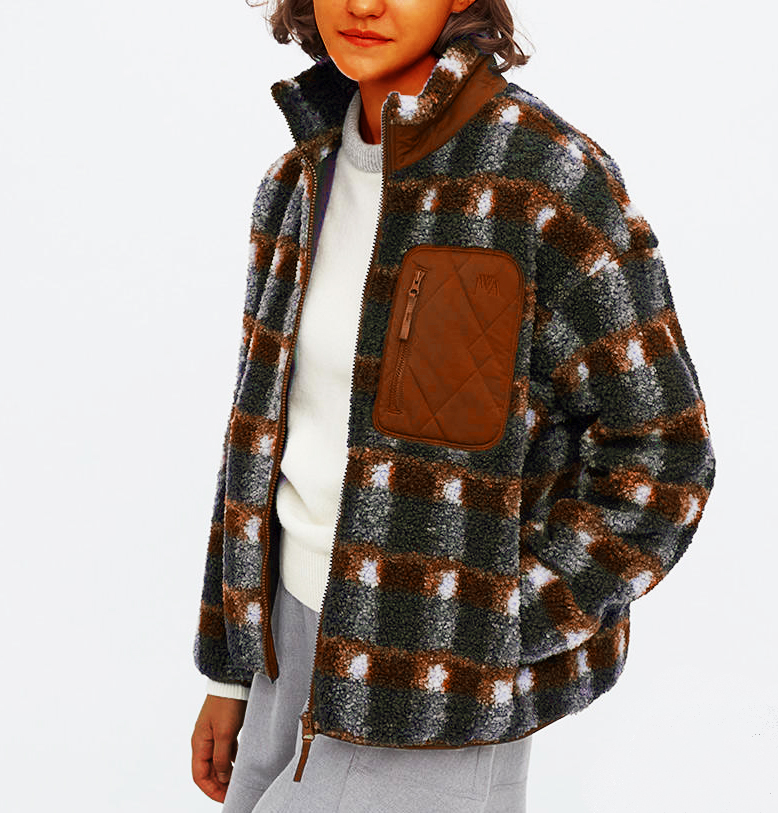 Fleece printed jacket with stand-up collar and long sleeves