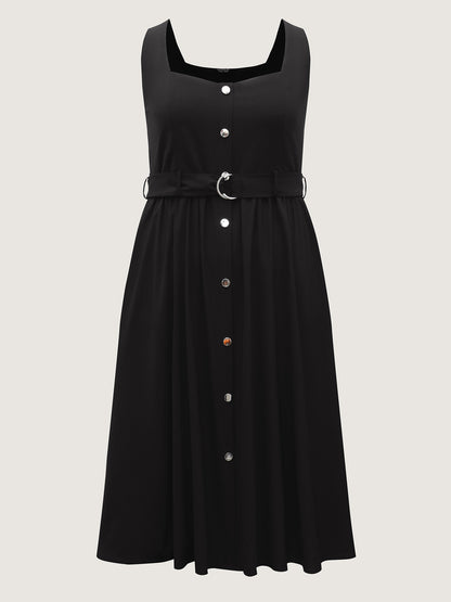Metal Buckle Button Front Midi Dress