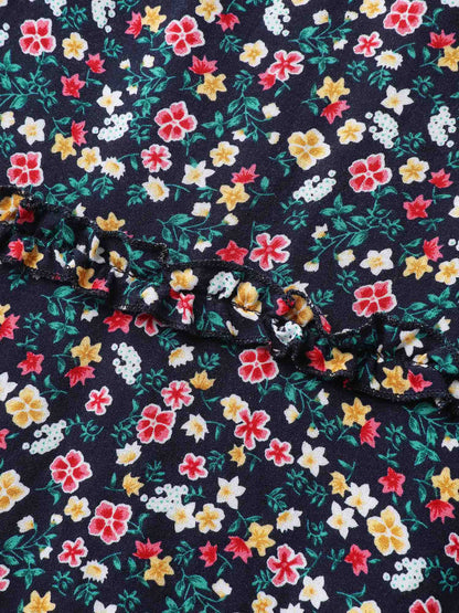 Micro Floral Shirred Asymmetrical Midi Dress