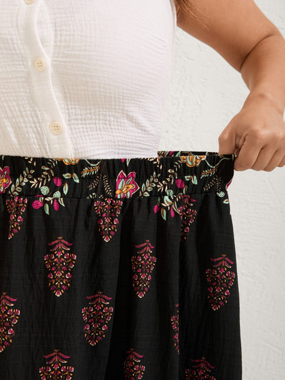 Boho Floral Waist Stretchy Midi Skirt