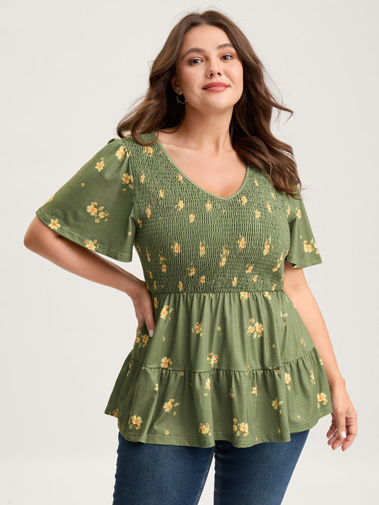 Floral Shirred Tiered Knit Top