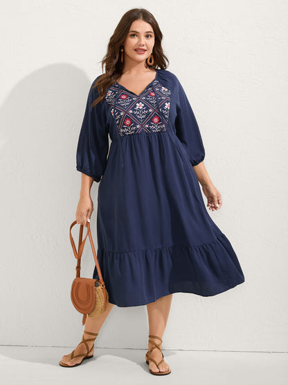 Floral Embroidery Pockets Midi Dress