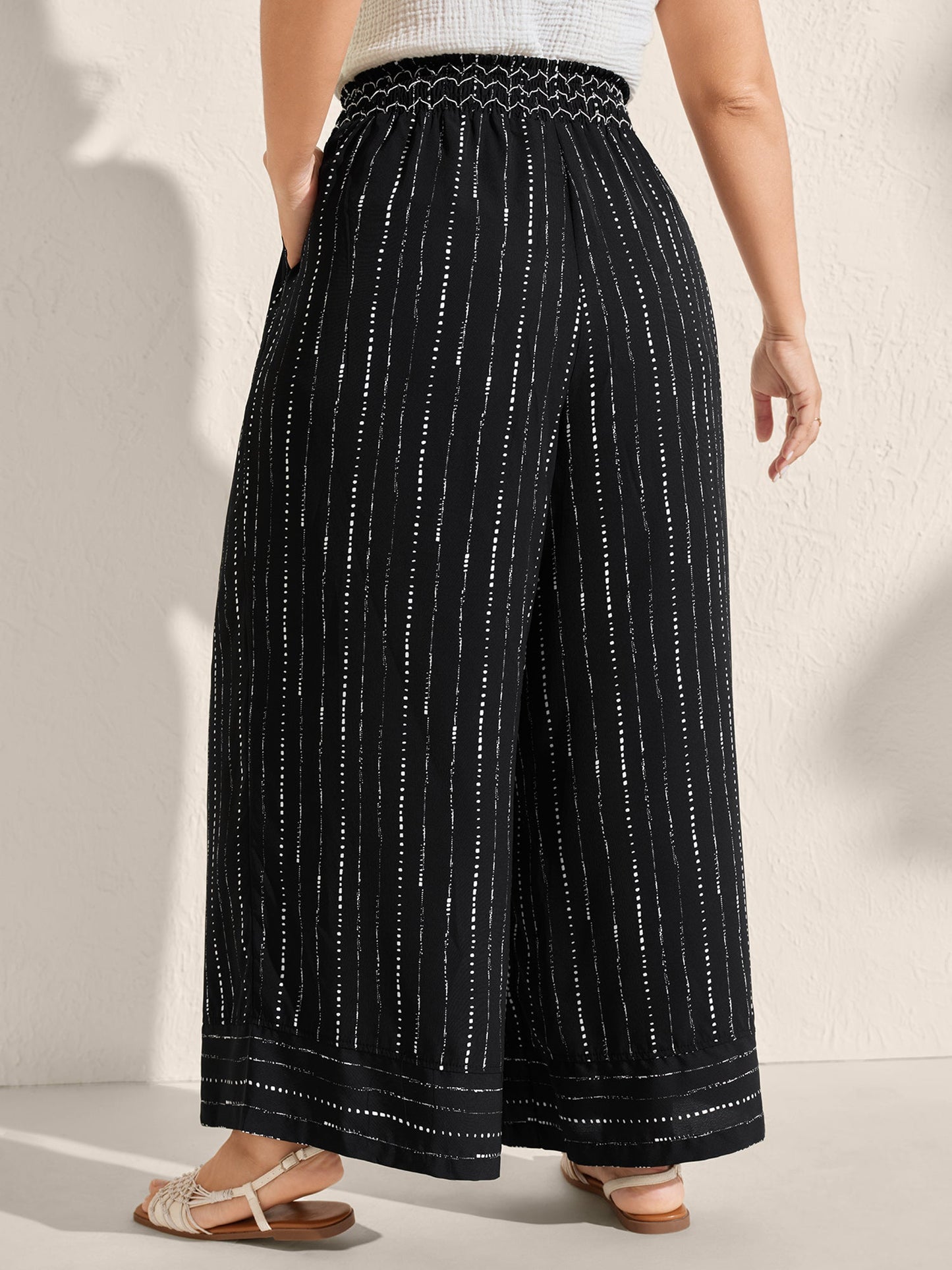 Striped Print Shirred Waist Wide-Leg Pants