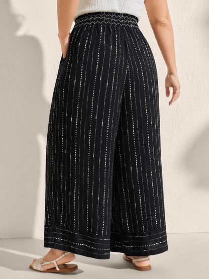Striped Print Shirred Waist Wide-Leg Pants