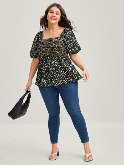 Shirred Bust Floral Fit and Flared Blouse