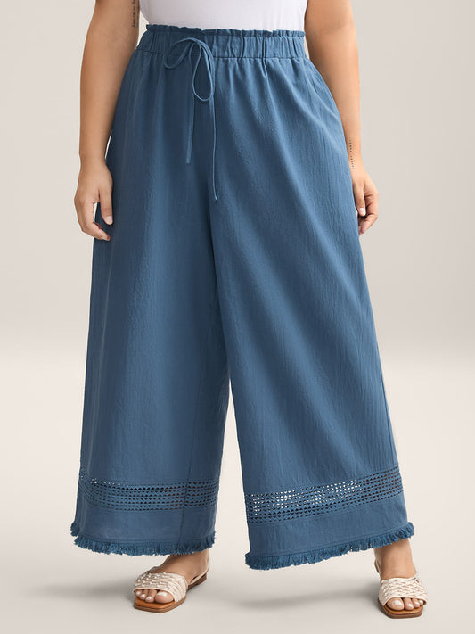 Cotton Waist-Tie Lace Wide-Leg Pants