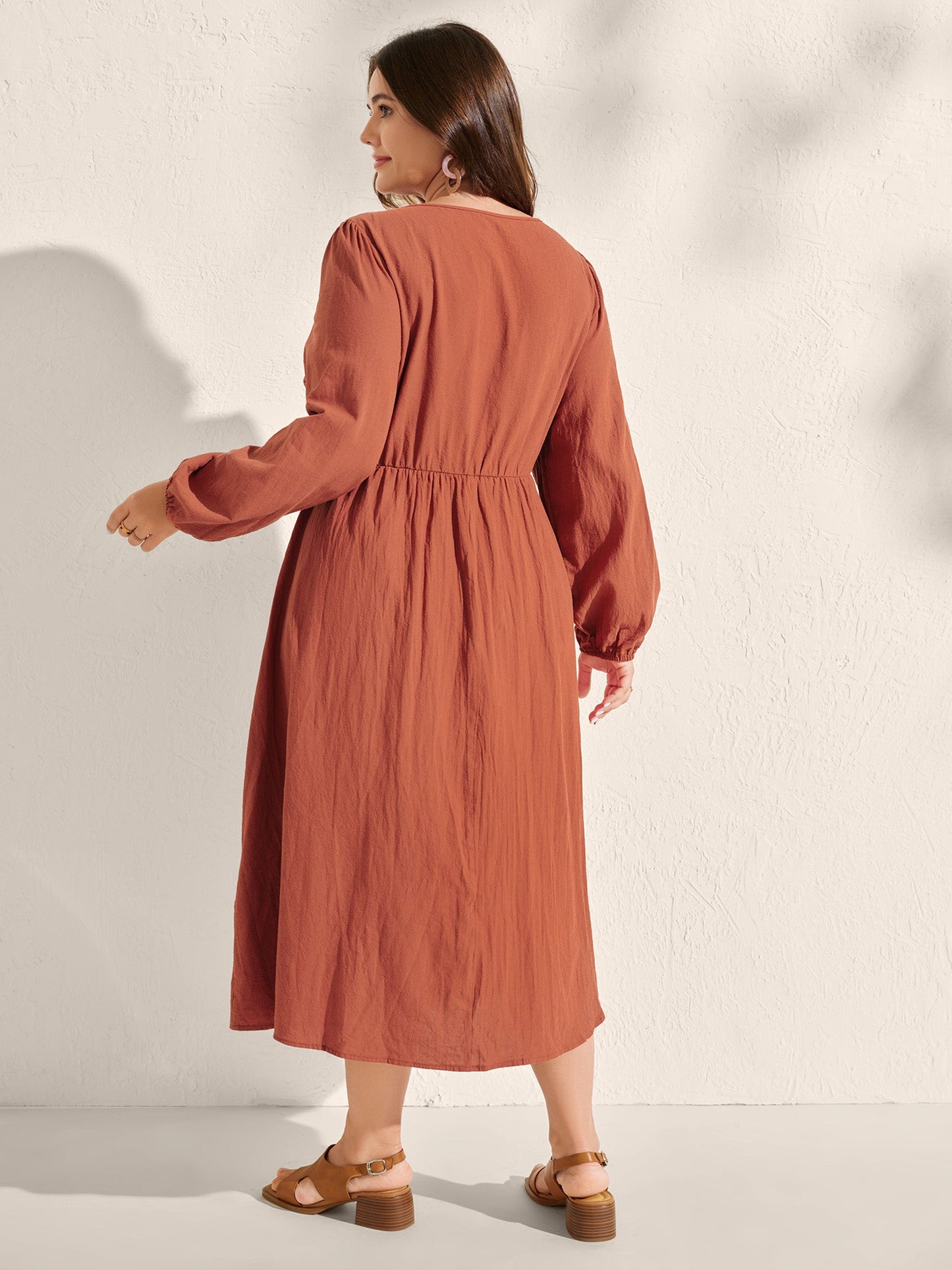 Lace Bodice Puffy Sleeve Button Midi Dress