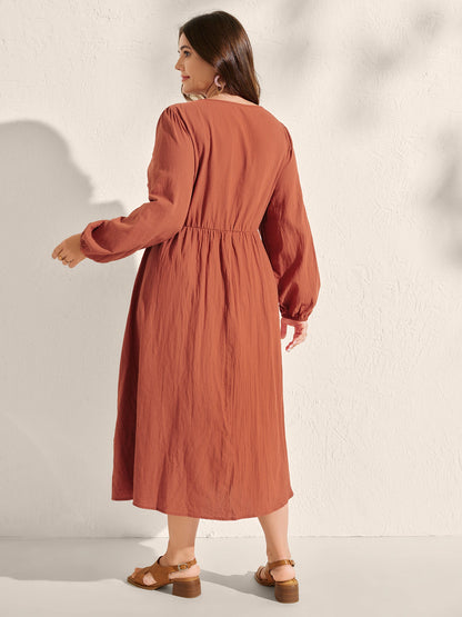 Lace Bodice Puffy Sleeve Button Midi Dress