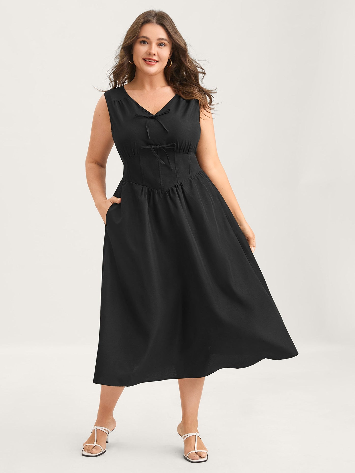 Bow Tie Drop Waist Shirred Midi Dress