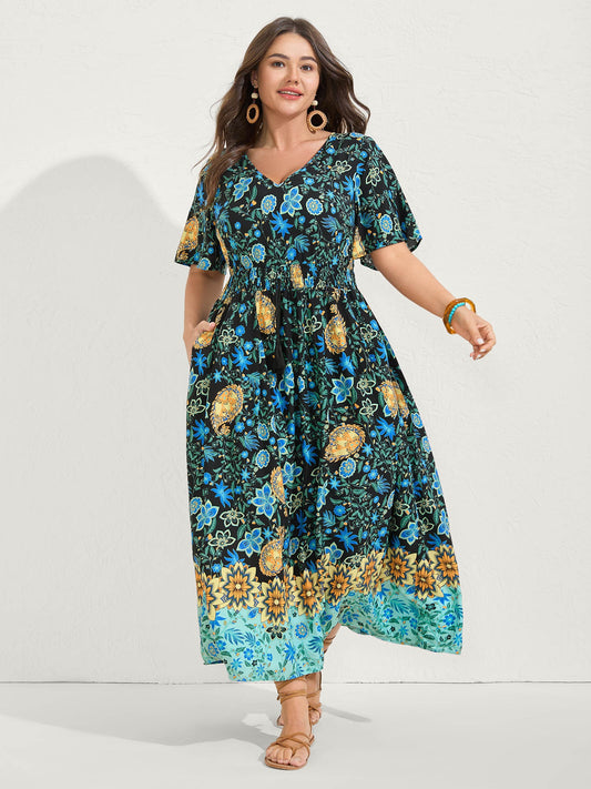 Rayon Paisley Print Shirred Midi Dress
