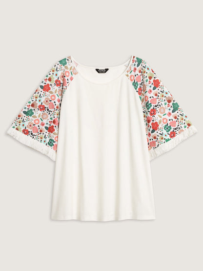 Floral Raglan Sleeve Tassels T-Shirt