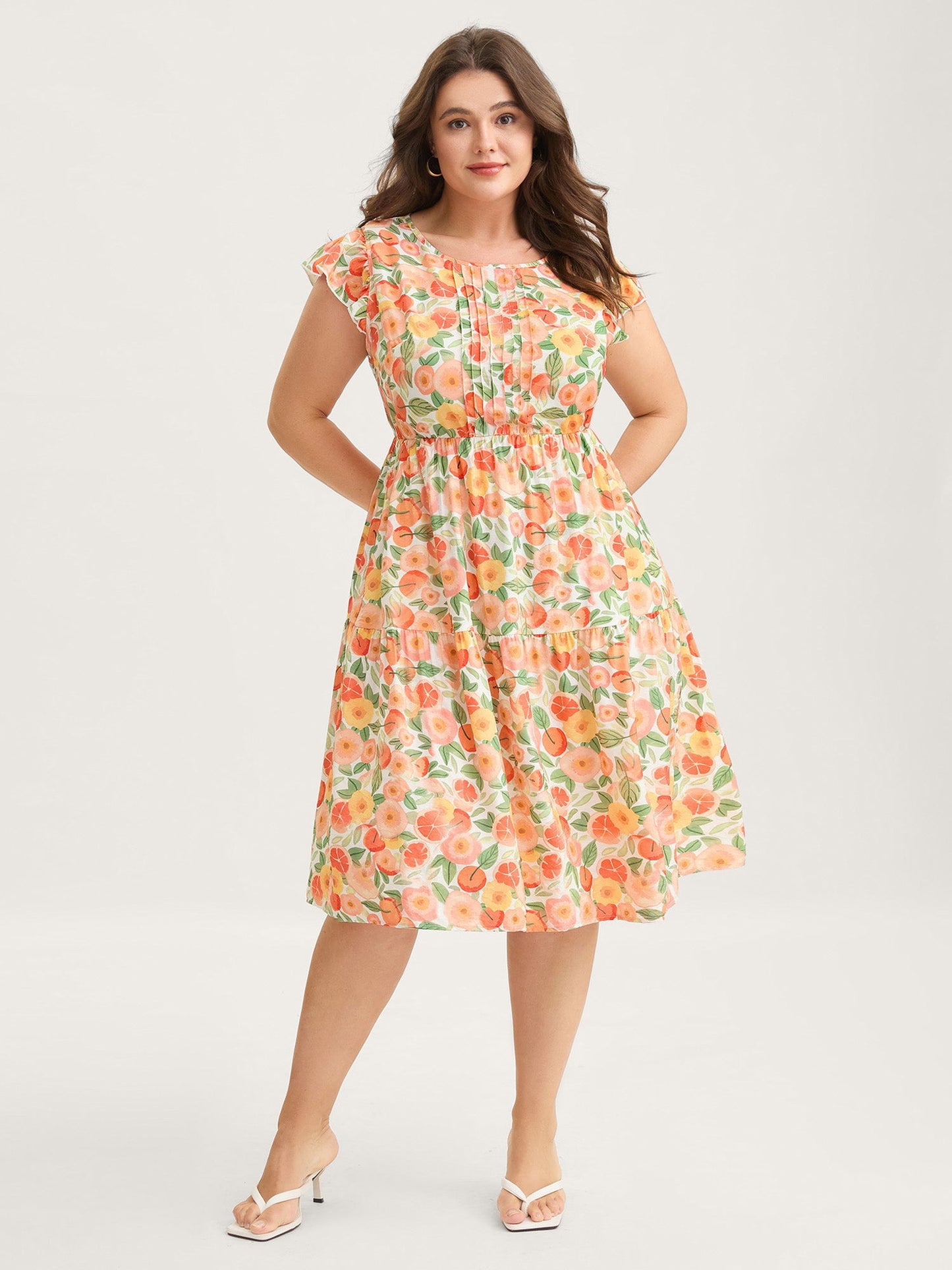 Citrus Print Pleated Flutter Sleeve Midi Dress