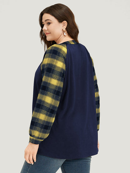 Plaid Patchwork Notched Button Detail Sweatshirt