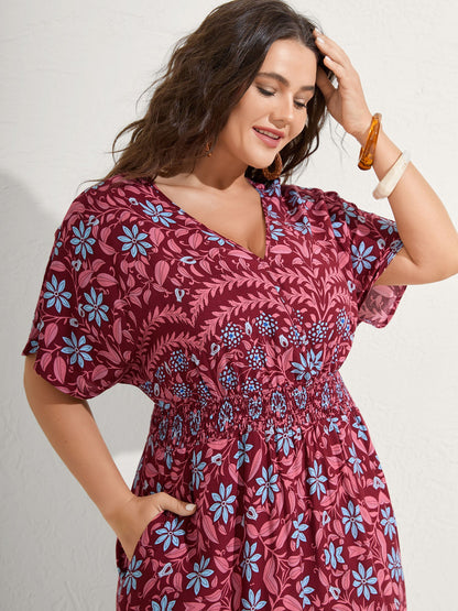 Rayon Boho Floral Shirred Waist Midi Dress