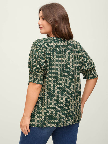 Floral Shirred Split Neckline Blouse