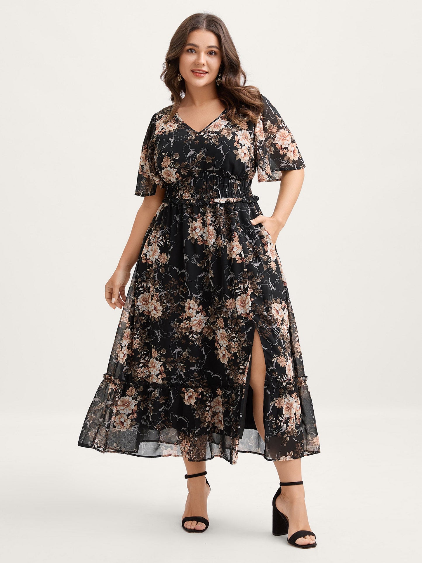 Chiffon Floral Print Tiered Slit Midi Dress