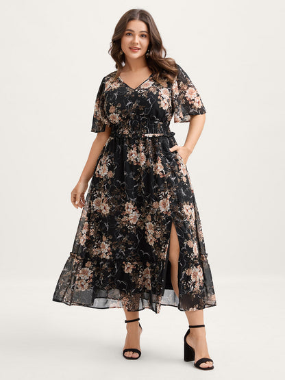 Chiffon Floral Print Tiered Slit Midi Dress