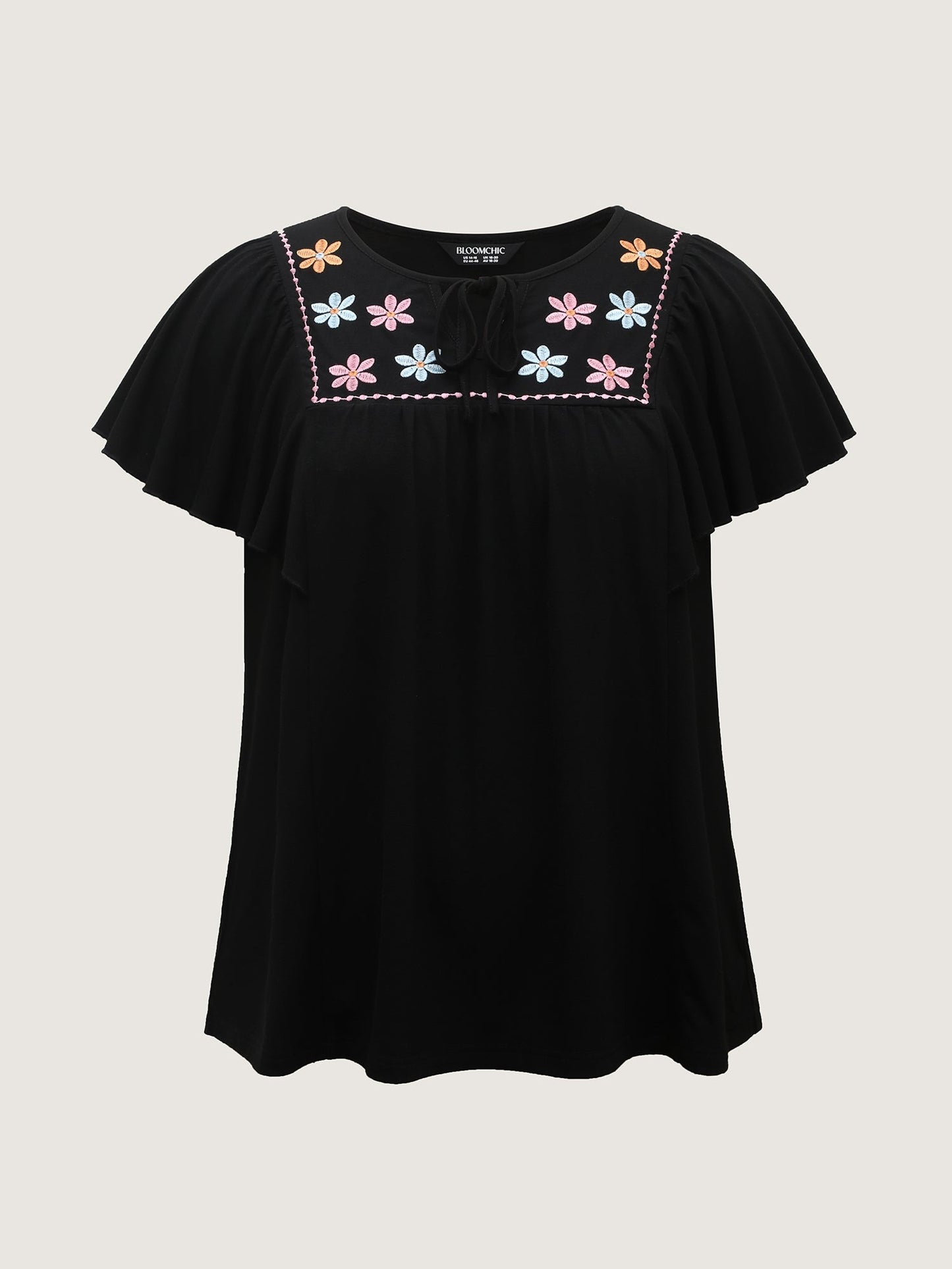 Floral Neck Embroidery Flowy T-Shirt