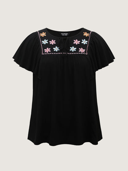 Floral Neck Embroidery Flowy T-Shirt