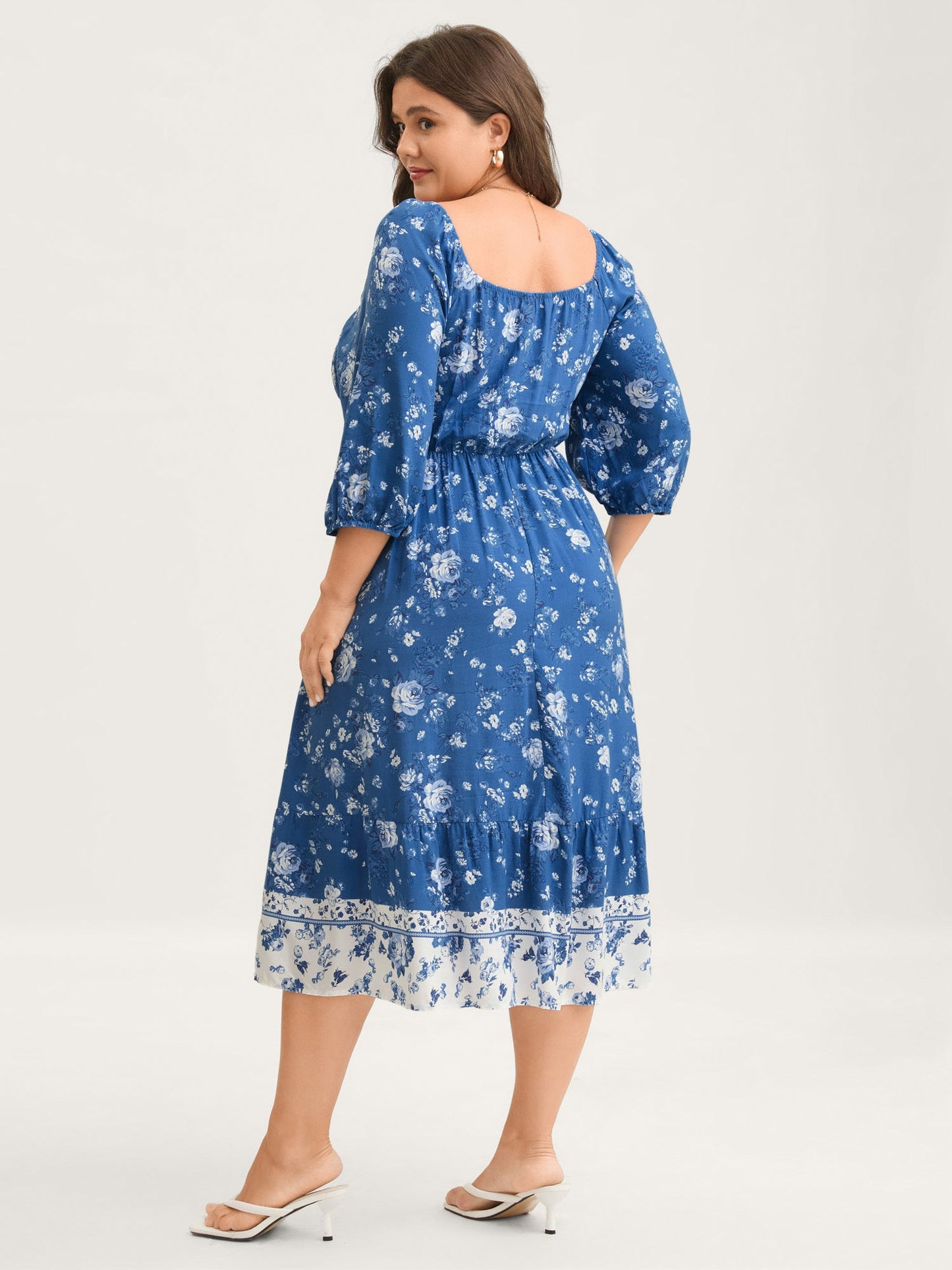 Rosy Print Shirred Bust Pockets Midi Dress