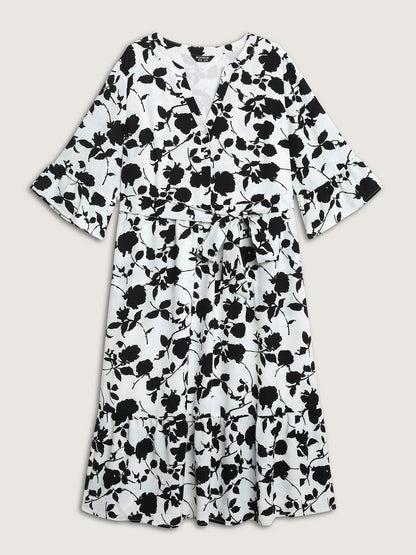 Floral Print Cut-Out Belted Midi Dress