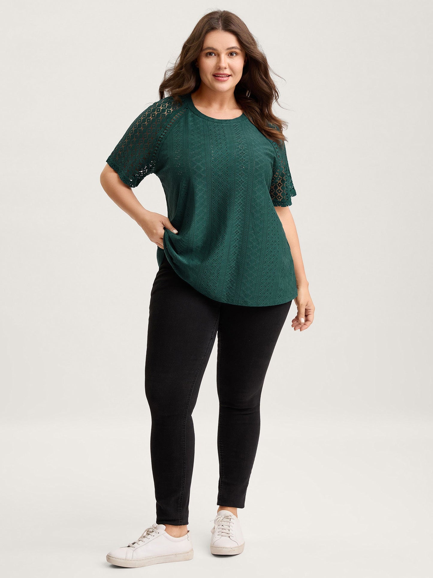 Eyelet Trim Lace Cut-Out Solid T-Shirt