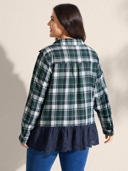 Cotton Embroidery Plaid Spliced Blouse