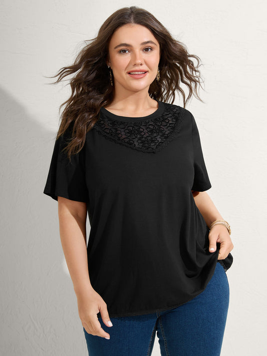 Lace Neck Flowy Sleeve Solid T-Shirt