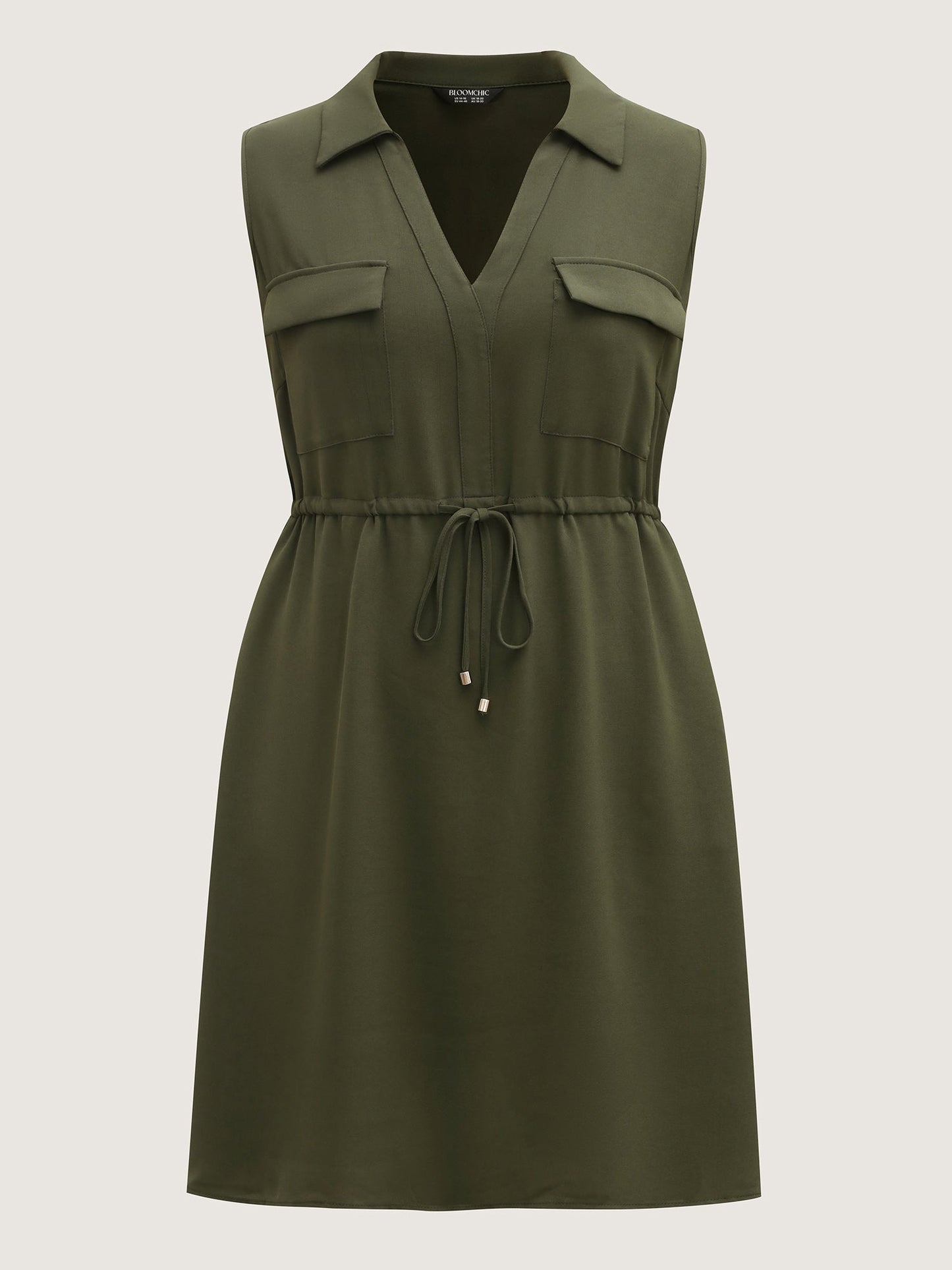 Waist Drawstring Pockets Solid Midi Dress