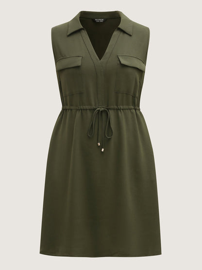 Waist Drawstring Pockets Solid Midi Dress