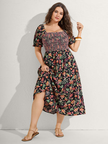 Net Shirred Paisley Print Midi Dress