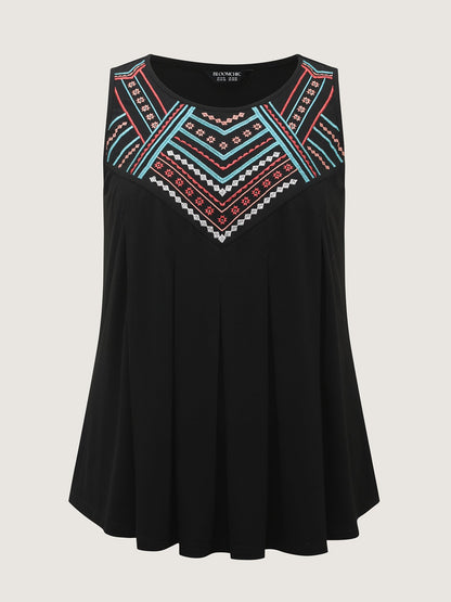 Embroidered Neckline Pleated Front Panel Tank Top