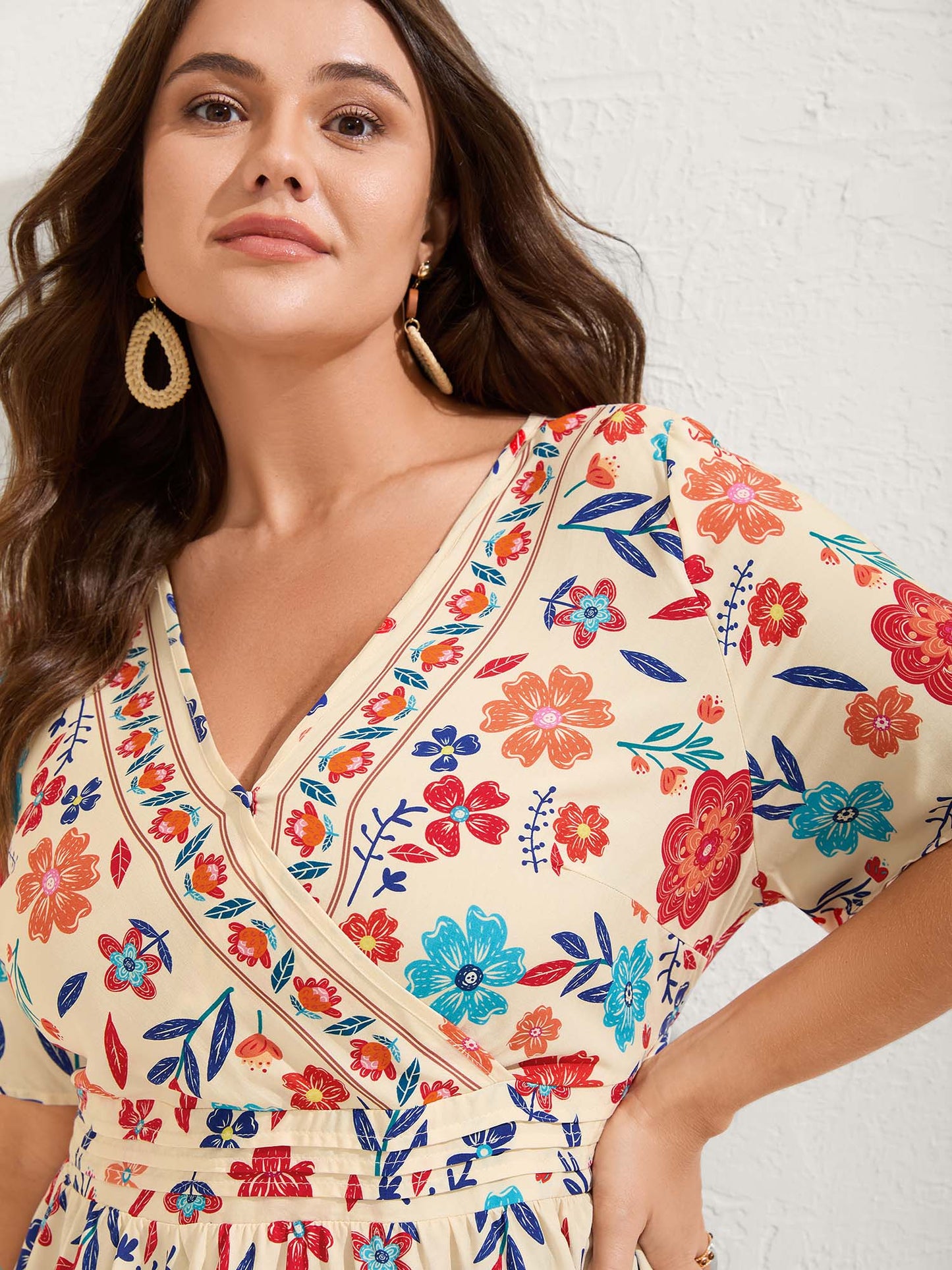 Floral Print Pleated Waist Surplice Blouse