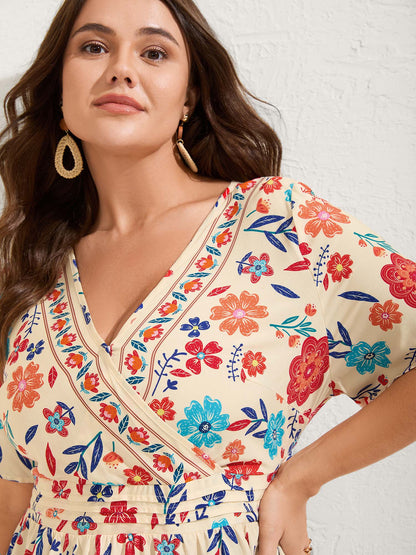 Floral Print Pleated Waist Surplice Blouse