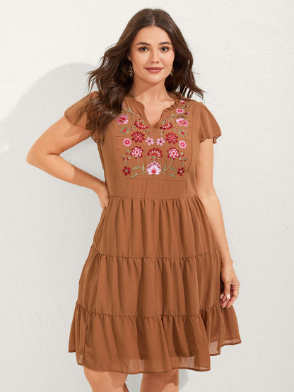 Chiffon Floral Embroidered Tiered Midi Dress