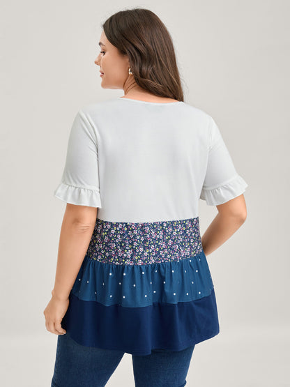 Color Contrast Floral Tiered Knit Top