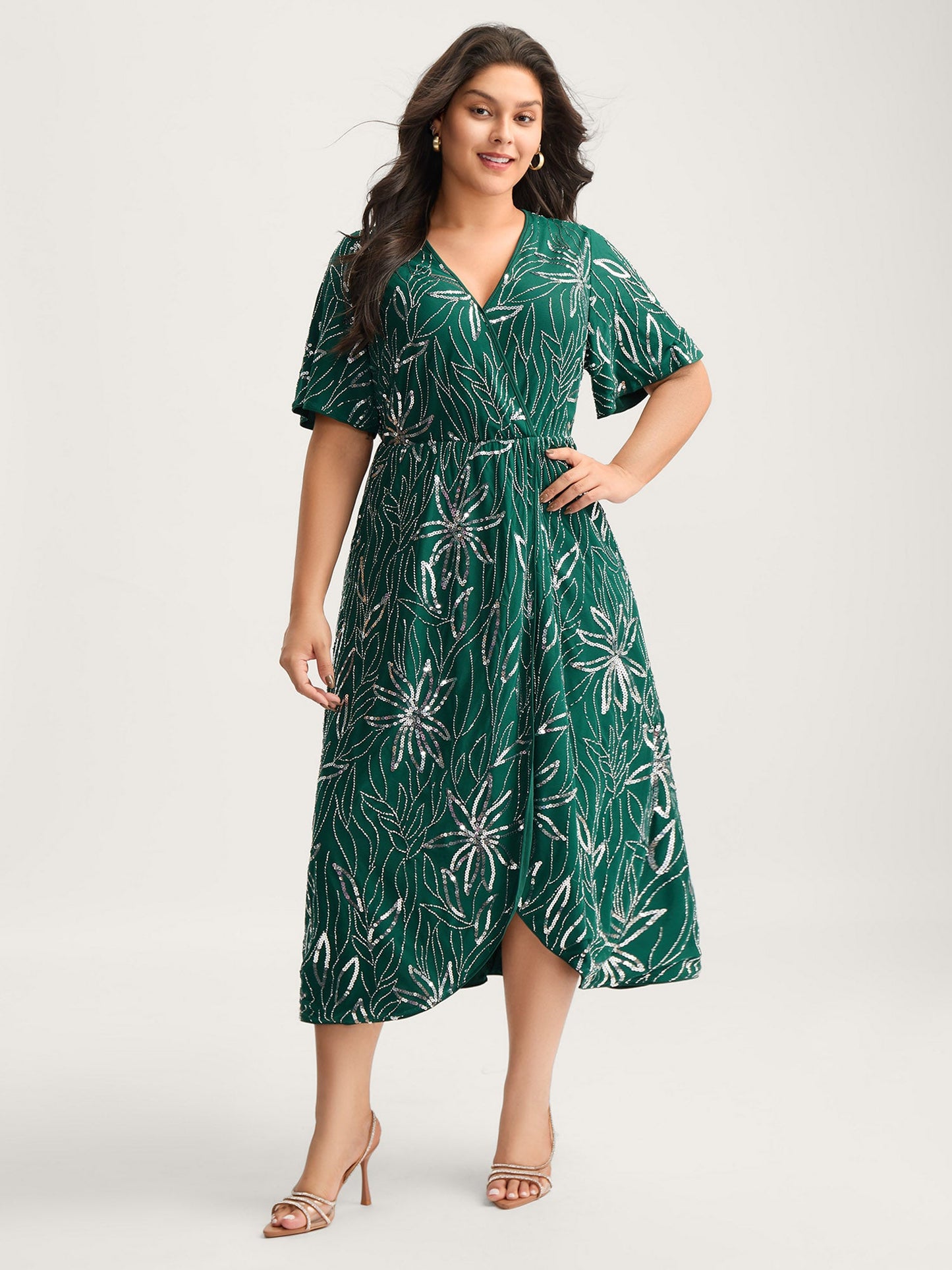 Floral Sequins Surplice Neck Pockets Midi Dress