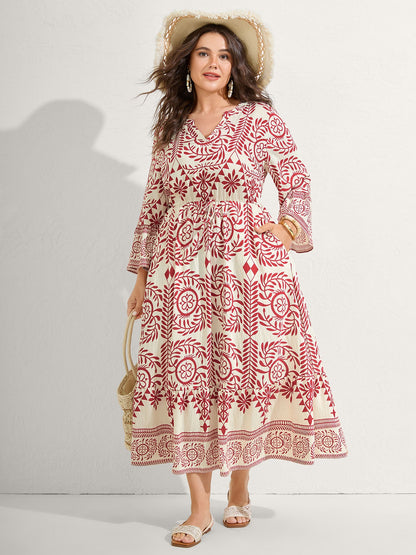 Ornate Print Color Contrast Midi Dress