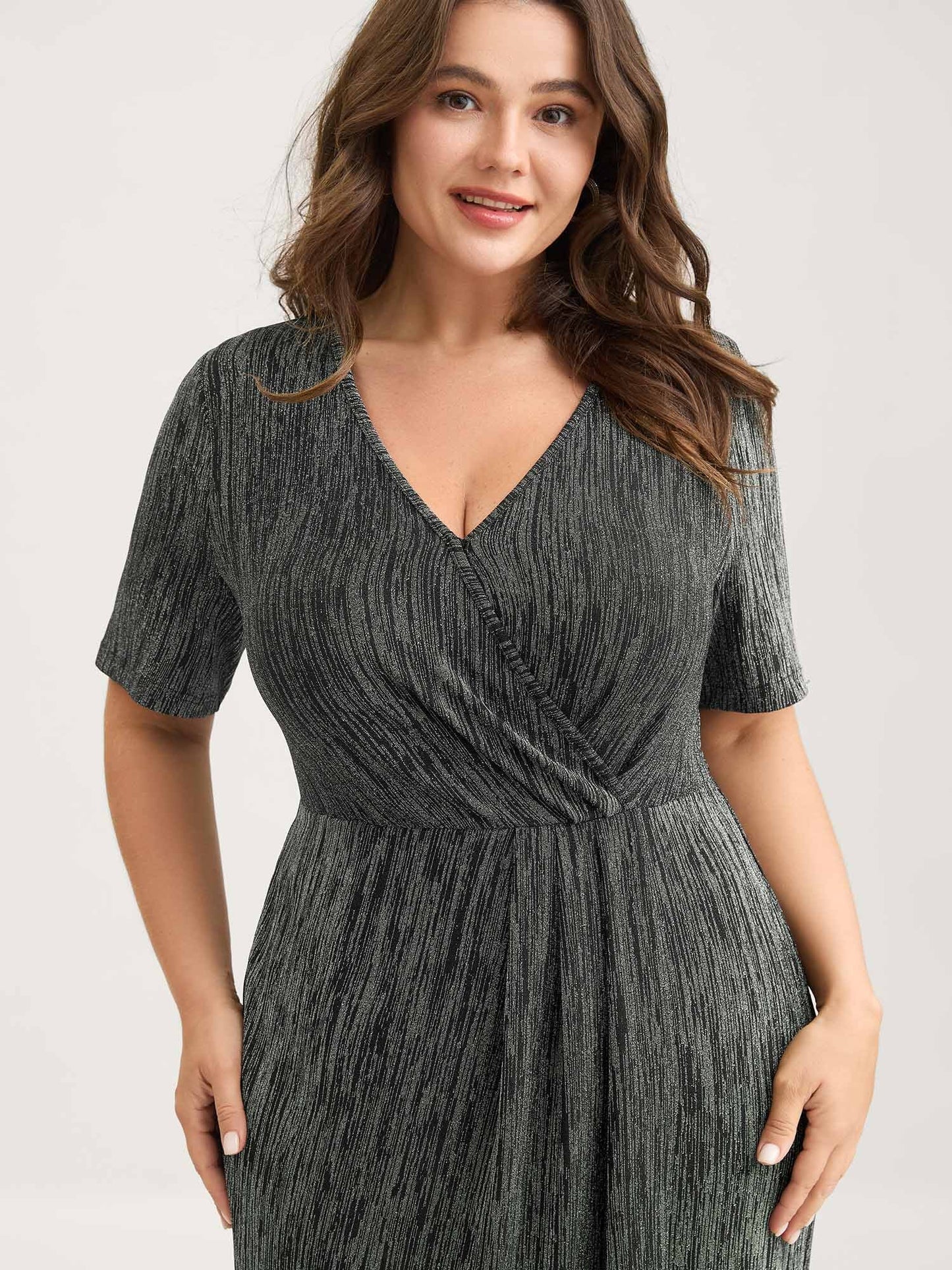 Stretchy Asymmetrical Hem Surplice Midi Dress