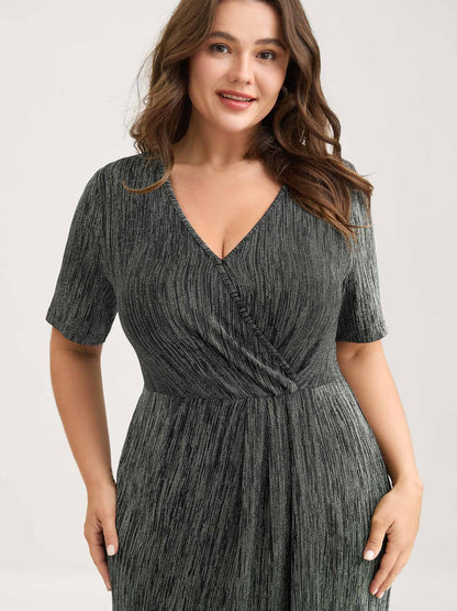 Stretchy Asymmetrical Hem Surplice Midi Dress