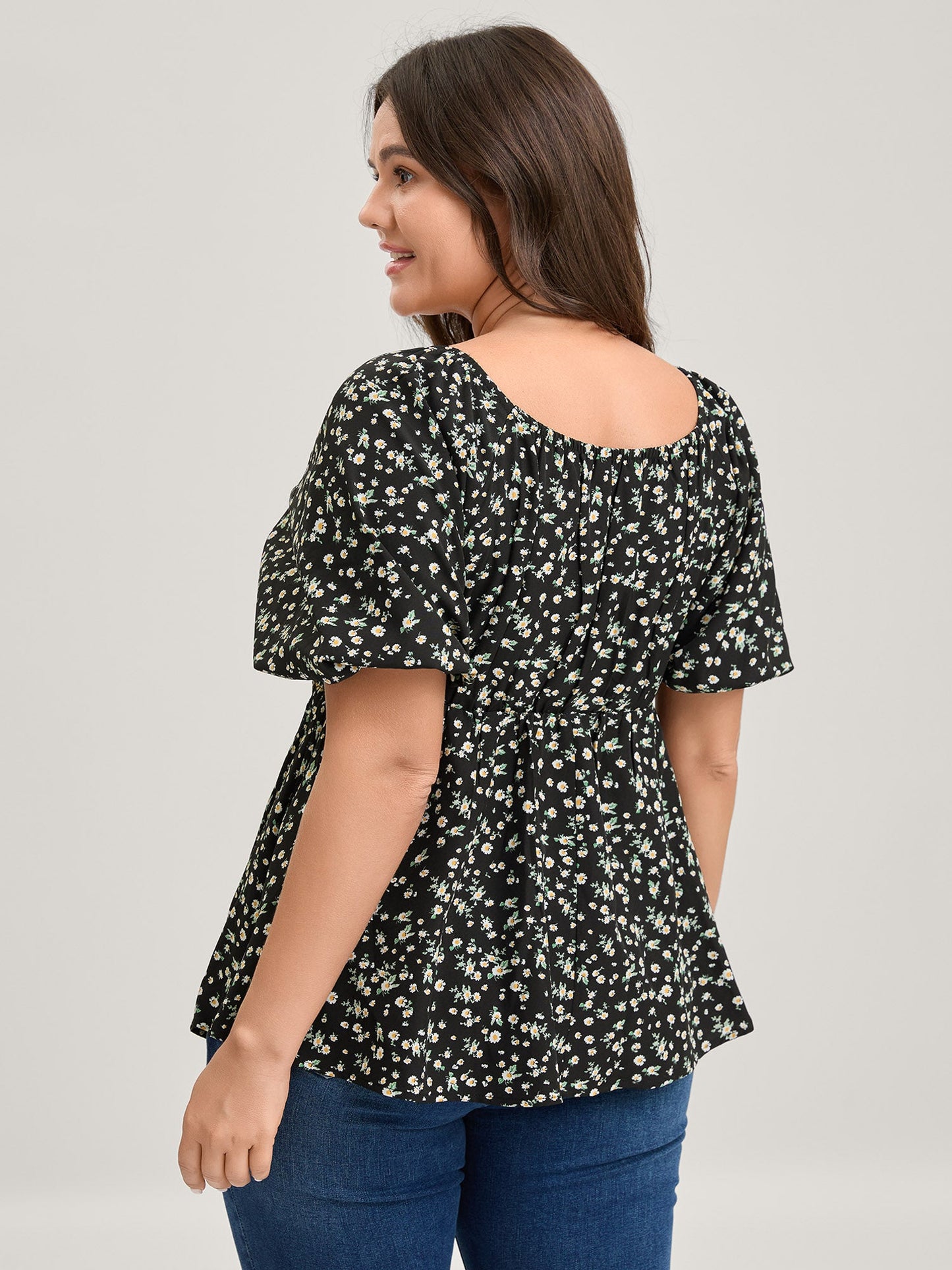 Shirred Bust Floral Fit and Flared Blouse