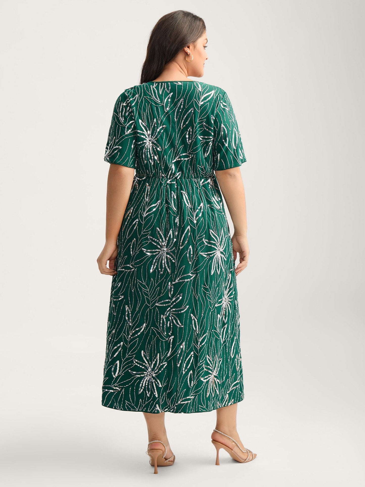 Floral Sequins Surplice Neck Pockets Midi Dress