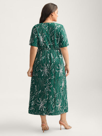 Floral Sequins Surplice Neck Pockets Midi Dress
