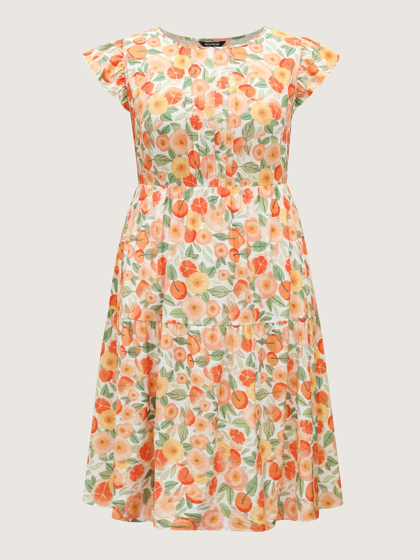 Citrus Print Pleated Flutter Sleeve Midi Dress