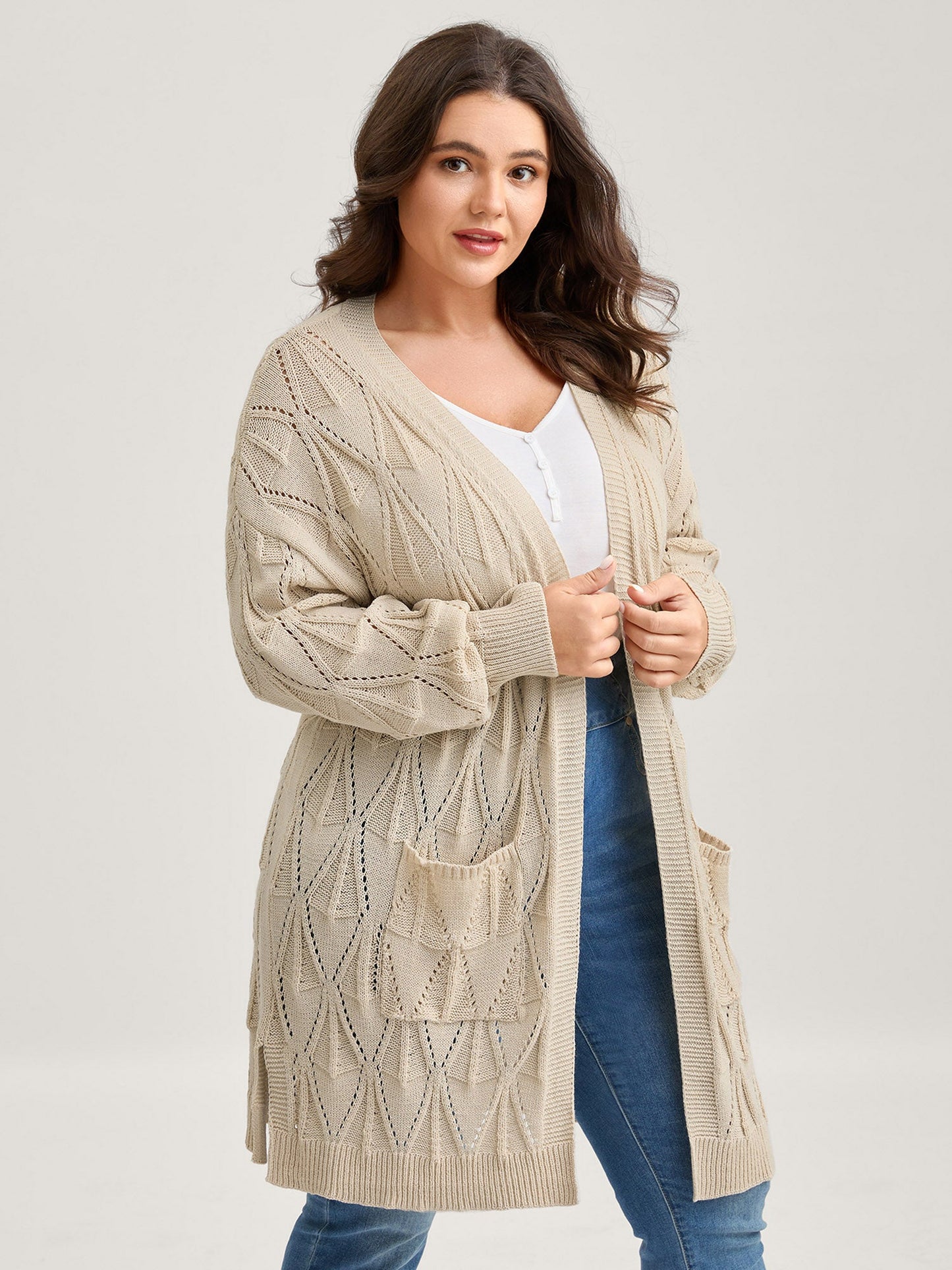 Textured Cut-Out Slit Pockets Knit Cardigan
